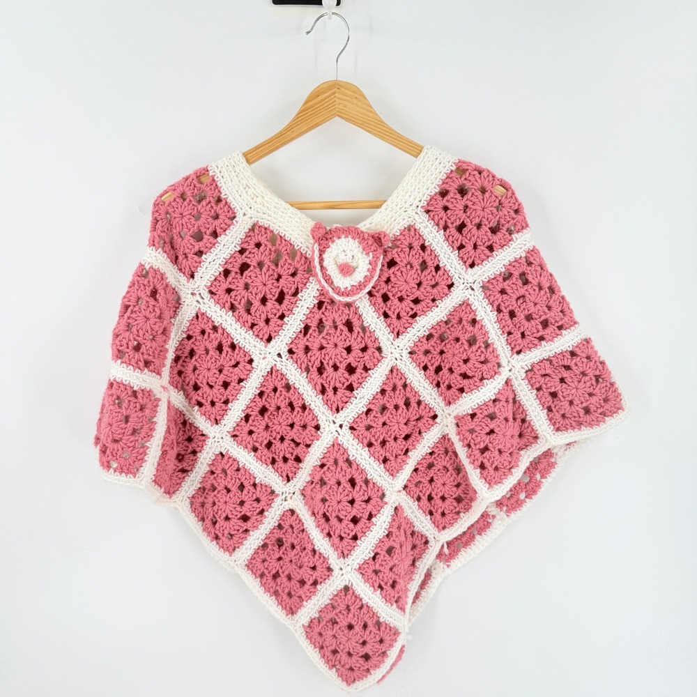 Unbranded Crochet Poncho Pink OS Granny Square Bear Detail Boho Handmade Granny